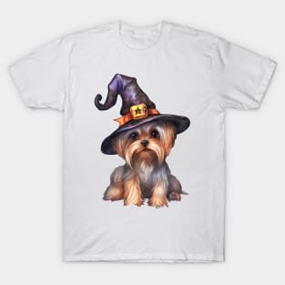 Watercolor Yorkshire Terrier Dog in Witch Hat T-Shirt